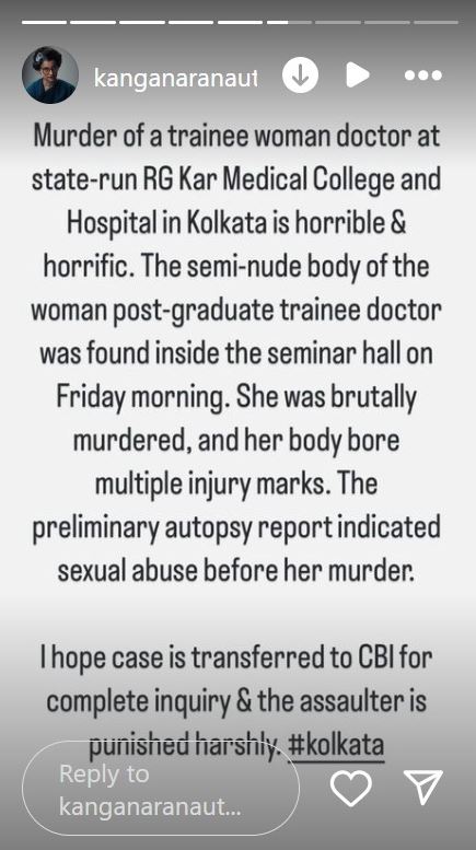 Kolkata rape case, Kangana Ranaut