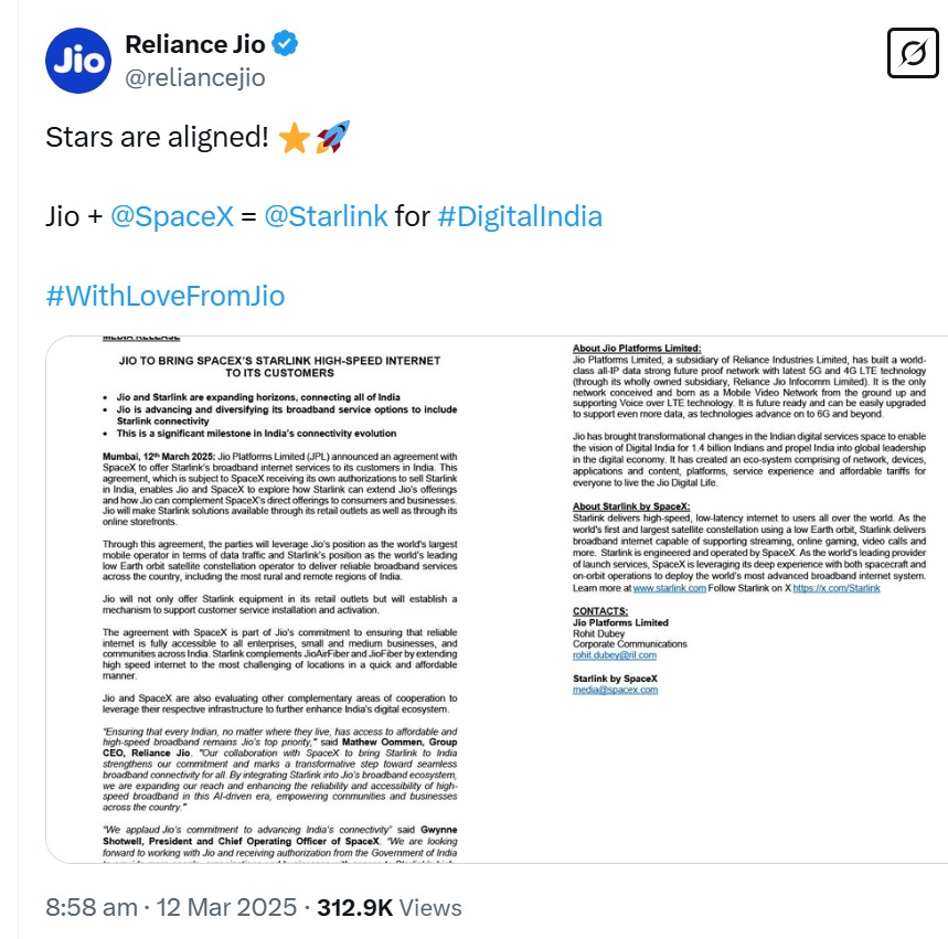 Jio Starlink Deal