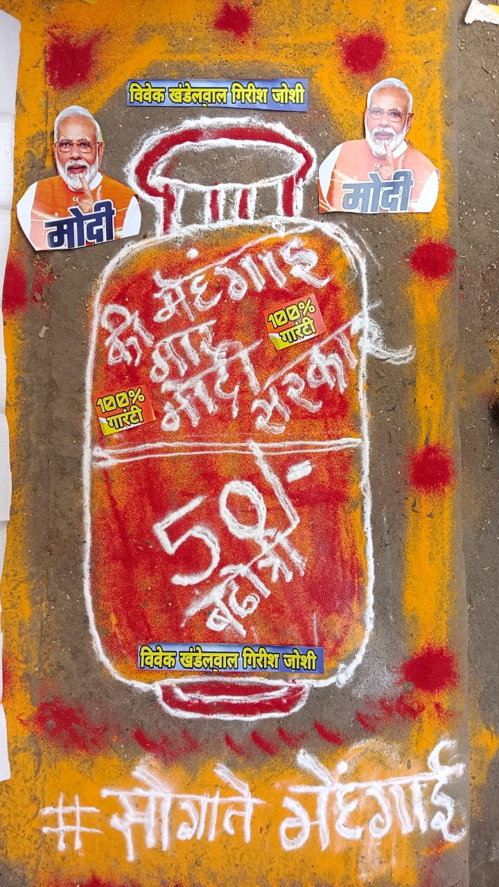 lpg cylinder price hike, congresss unique protest, Protest With Rangoli,