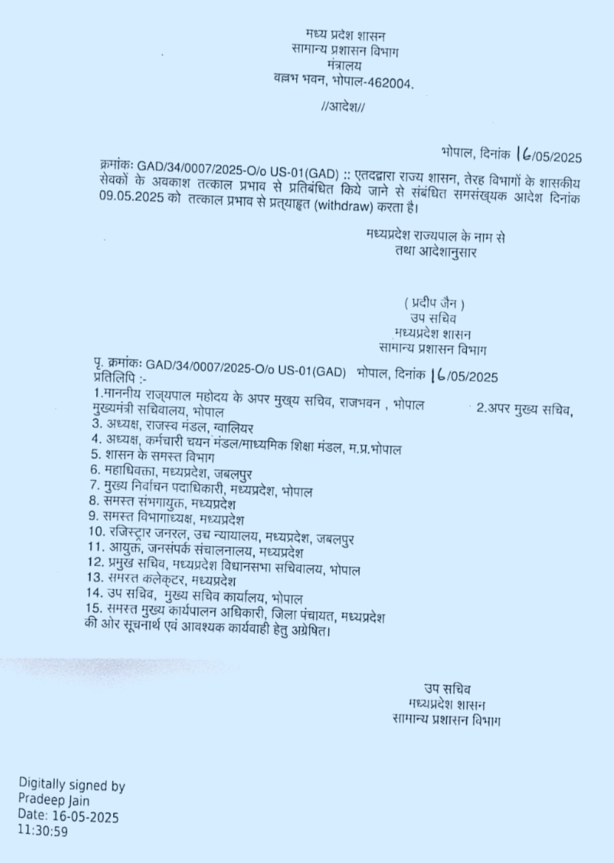 Madhya Pradesh Government, Leave Ban Lifted, Operation Sindoor, Government Employees, Madhya Pradesh News, MP News, Leave Ban Lifted, Operation Sindoor
