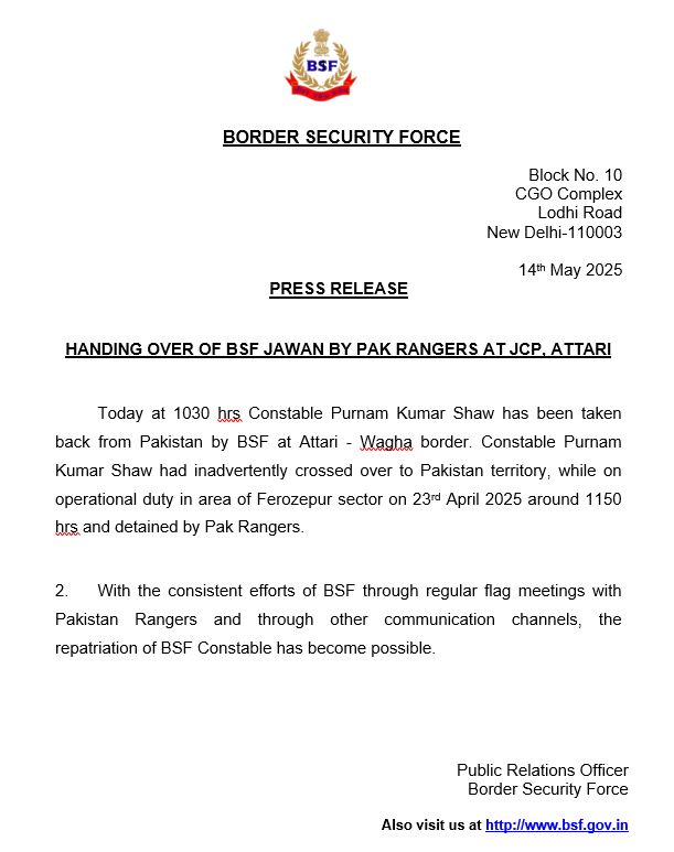 BSF jawan Purnam Kumar Shaw, Pakistan released BSF jawan, Attari-Wagah border, India-Pakistan border, DGMO talks