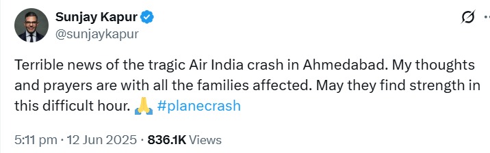 sanjay kapur death, Karisma Kapoor ex husband, Ahmedabad plane crash, sanjay kapur last post, death from heart attack, entertainment news, who is sanjay kapur, Sanjay Kapoor, Karisma Kapoor, sanjay kapur wife, sanjay kapur died