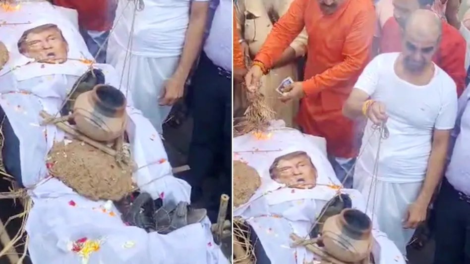 Trump Terahvi, Trump Terahvi Bhopal, Bhopal Trump protest, 50% tariff protest, Bhartiya Gan Varta Party, Trump funeral feast, Trump funeral, US India trade war, impact on India exports, Shivkant Shukla, GTRI report, bhopal news, mp news, madhya pradesh