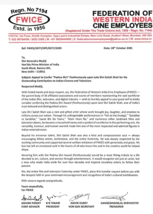 Satish Shah Padma Shri, Satish Shah, Padma Shri, FWICE, letter to PM Modi, posthumous Padma Shri award, Satish Shah award, Sarabhai vs Sarabhai, TV actor passes away, late artiste honour, PM Modi, Satish Shah passes away, Satish Shah biography, entertainment news
