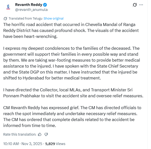 Telangana road accident, Rangareddy bus accident, Hyderabad Bijapur highway accident, ballast dumper bus collision, TRTC bus accident, Chevella road accident, Telangana bus accident helpline number, Revanth Reddy Telangana accident, road accident news, college students killed in road accident