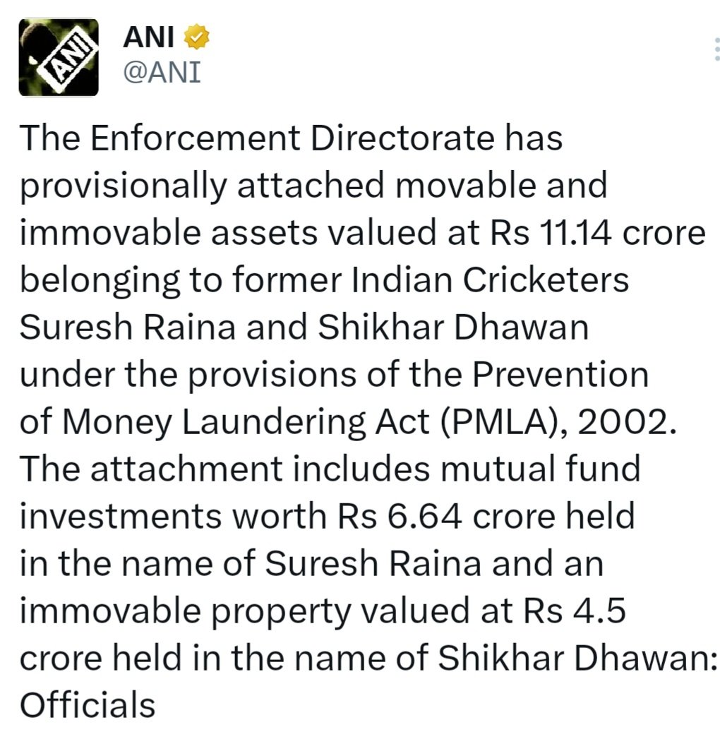 Suresh Raina, Shikhar Dhawan, ED, Enforcement Directorate, 1xBet, Money Laundering, PMLA, property attached, betting app, money laundering, Yuvraj Singh, Sonu Sood, online betting