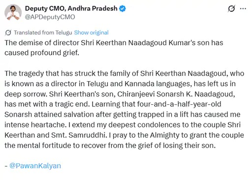 KGF co-director's son dies, Kirtan Nadagouda's son killed in elevator accident, Hyderabad elevator accident child, Pawan Kalyan's condolence message, Sonarsh Nadagouda tragic incident, child dies after being trapped in elevator, KGF Chapter 2 co-director, Telugu film director's family accident