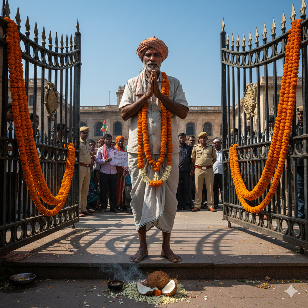 Burhanpur Farmer Protest, Burhanpur News, MP news, MP Farmer Protest, RTI Corruption MP, Lakkhan Patel Burhanpur, Collectorate Temple Protest, Madhya Pradesh, unique Protest