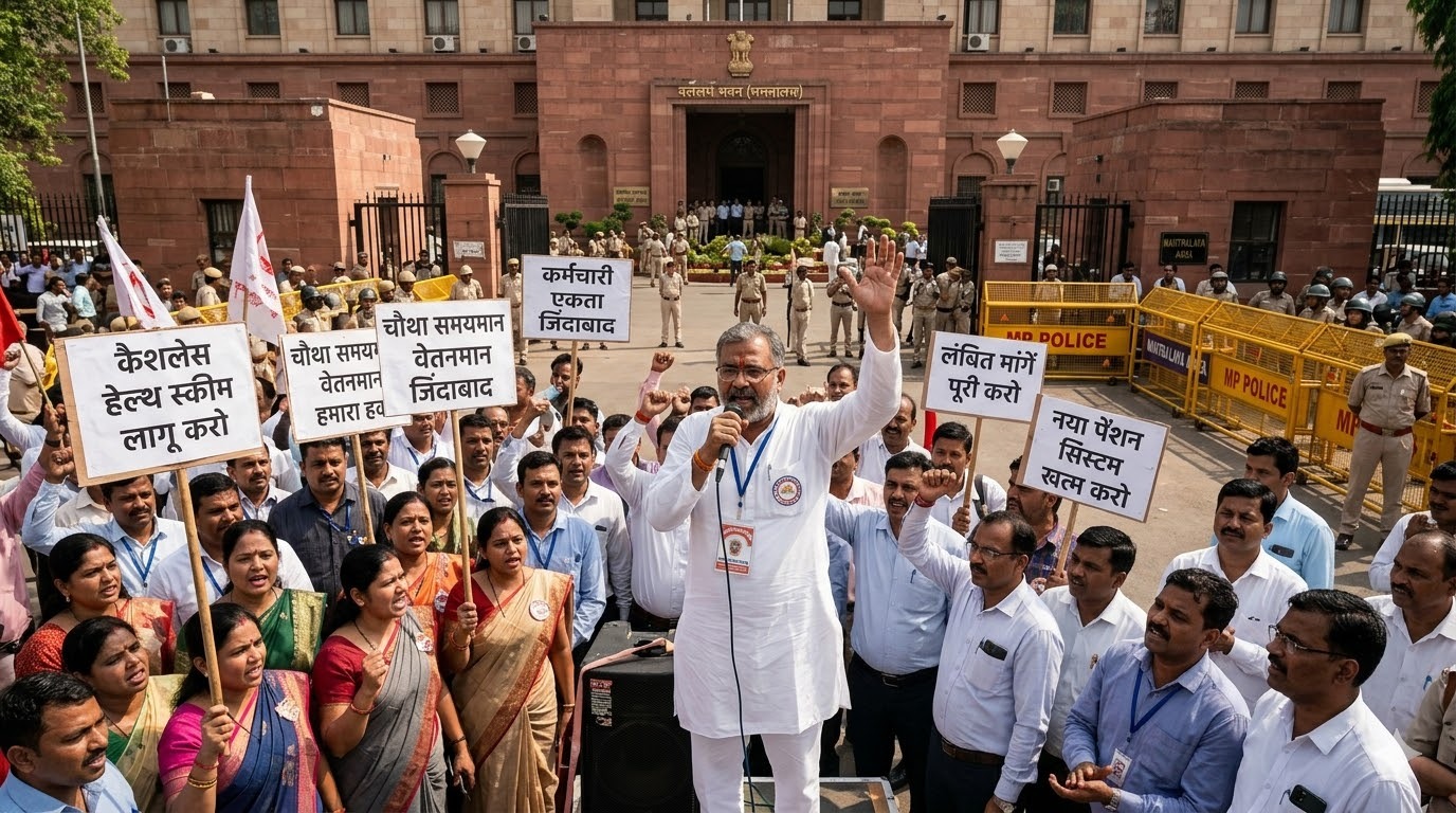 Ministry Employees Movement, MP Employees, MP News, Bhopal, Fourth Time Scale Pay Scale, Cashless Health Insurance Scheme, Sudhir Nayak Ministry Union, Madhya Pradesh, MP Government, Government Employees Demands, Raj Bhavan, MP Employees Protest
