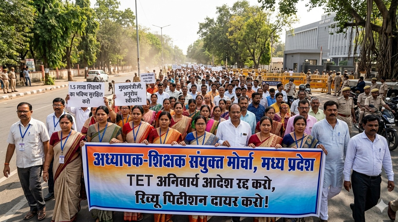 MP Teacher TET Dispute, एमपी शिक्षक टीईटी विवाद, Adhyapak Shikshak Sanyukt Morcha MP, MP Teacher Protest April 2026, TET Compulsory MP News,